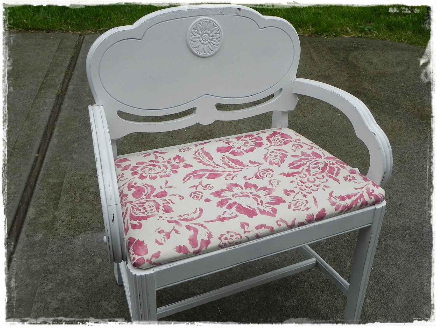 White distressed wide chair with raspberry floral upholstery pick up only, NO shipping available