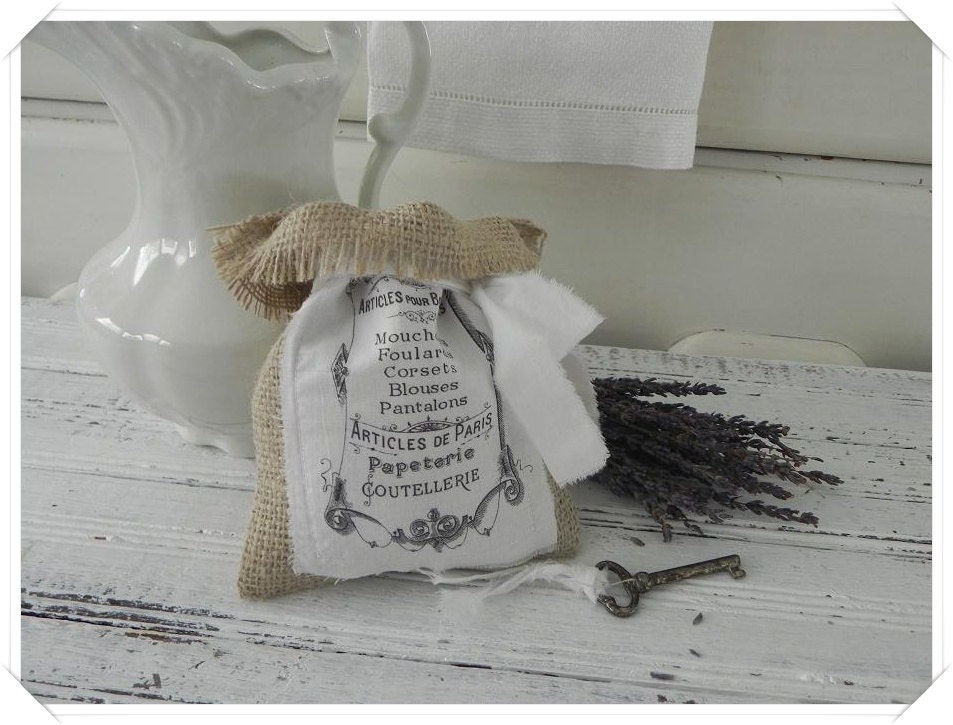 Burlap Gift Bag with White Cotton Printed French Graphic t