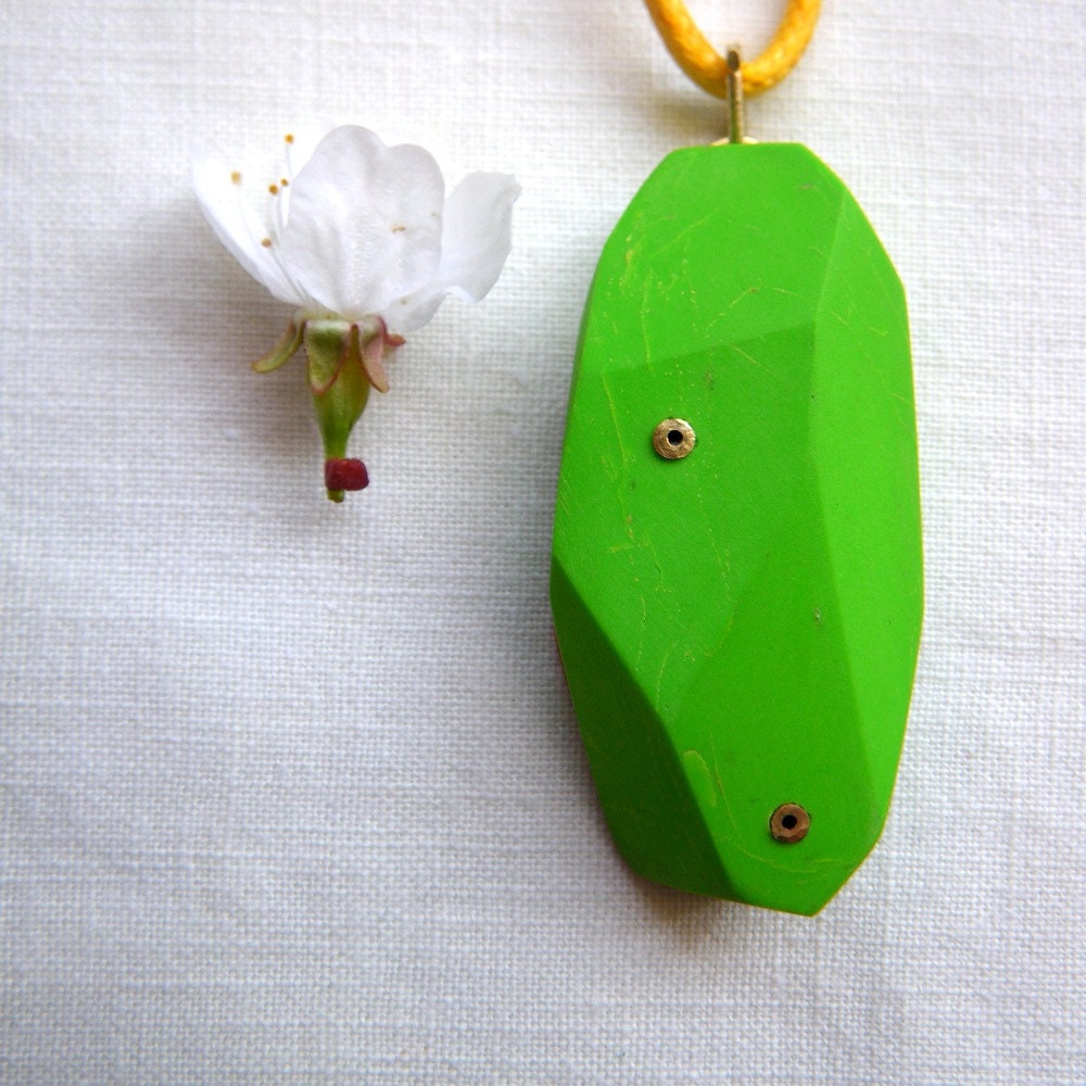 Apple Blossom faceted pendant on a yellow cord by Hybrid Handmade, Cari-Jane Hakes