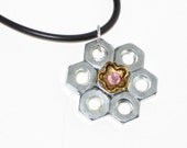 Industrial Hardware Flower Necklace With Pink Crystal By HardwareHoney Jewelry