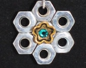Industrial Hardware Flower Necklace With Teal Swarovski Crystal Handmade By HardwareHoney Jewelry