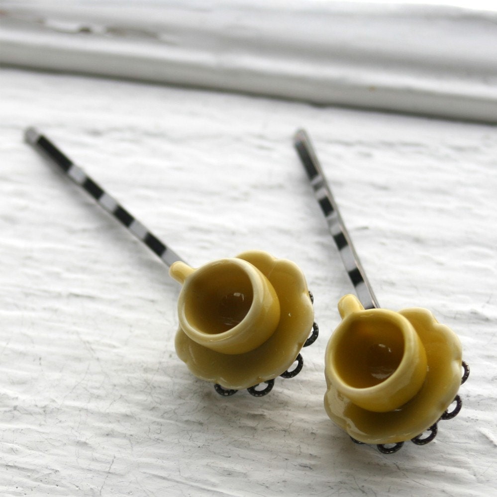 Tea Cup Hair Pins - Yellow on Black