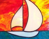 Sailboat with Blazing Orange Sunset Stained Glass Panel
