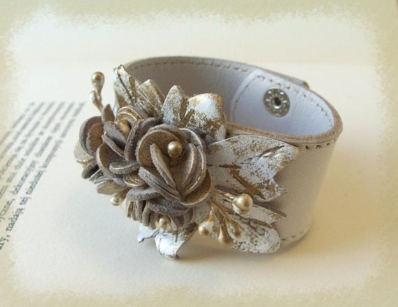 Cream Leather Cuff Bracelet White With Gold Leather Flowers