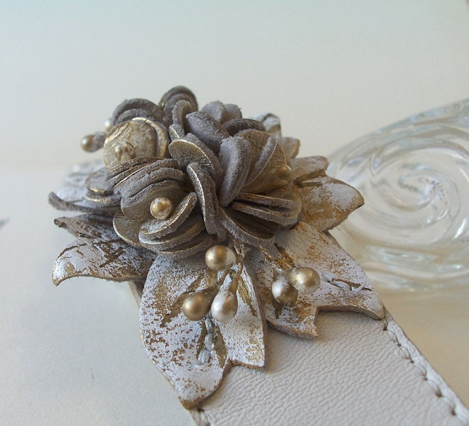 Cream Leather Cuff Bracelet White With Gold Leather Flowers