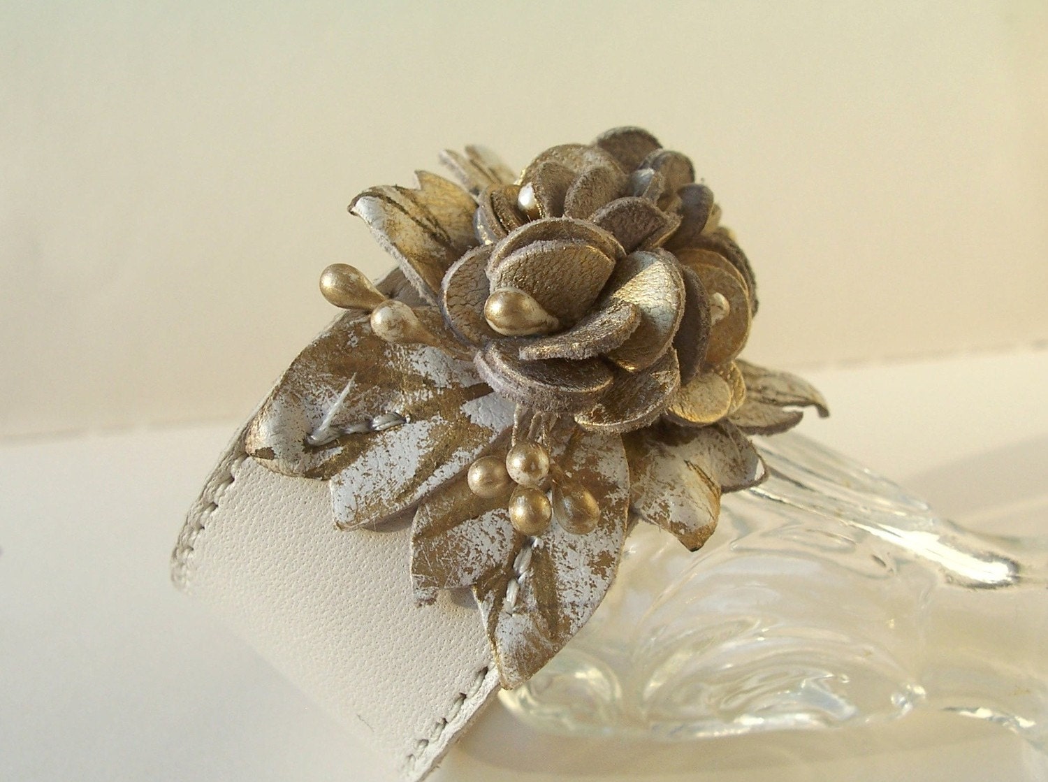 Cream Leather Cuff Bracelet White With Gold Leather Flowers