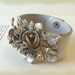 Cream Leather Cuff Bracelet White With Gold Leather Flowers