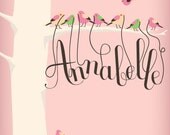 Personalized children's art print featuring your childs name dangling from the beaks of tiny birds.