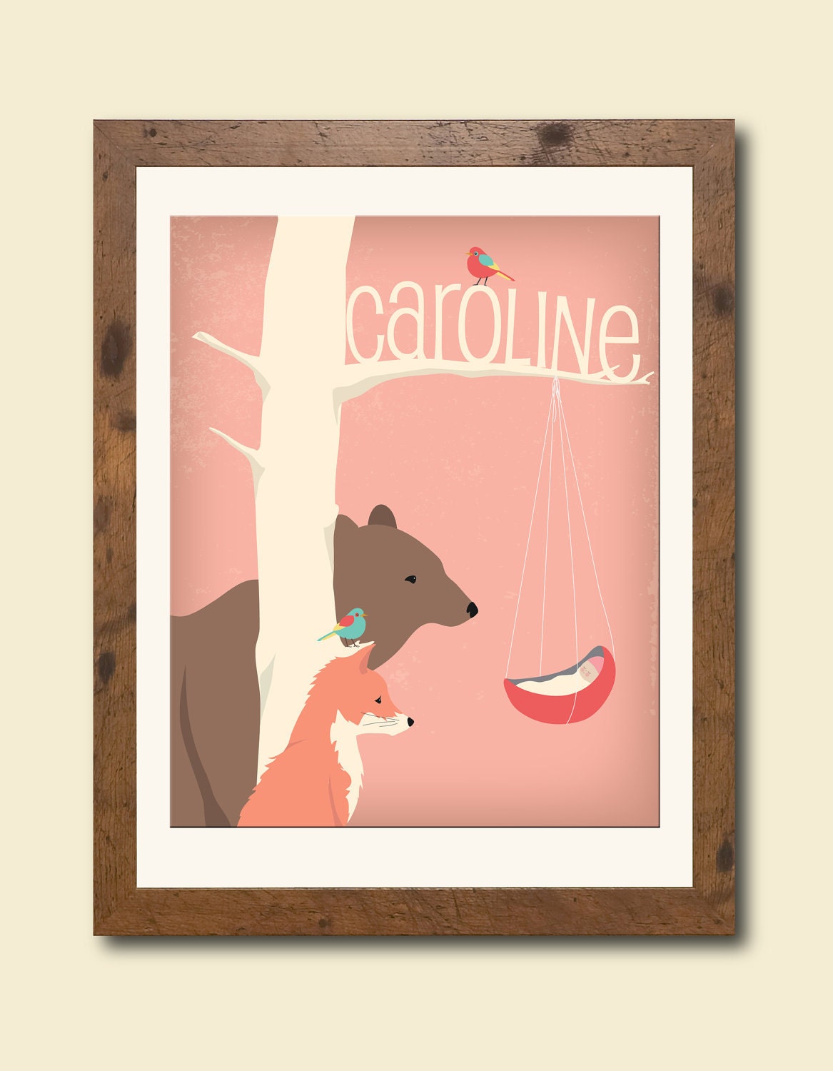 Personalized children's illustration, woodland animals gazing at a newborn, baby shower gift, nursery art