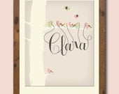 Personalized children's/ nursery art print featuring your childs name dangling from the beaks of tiny birds.