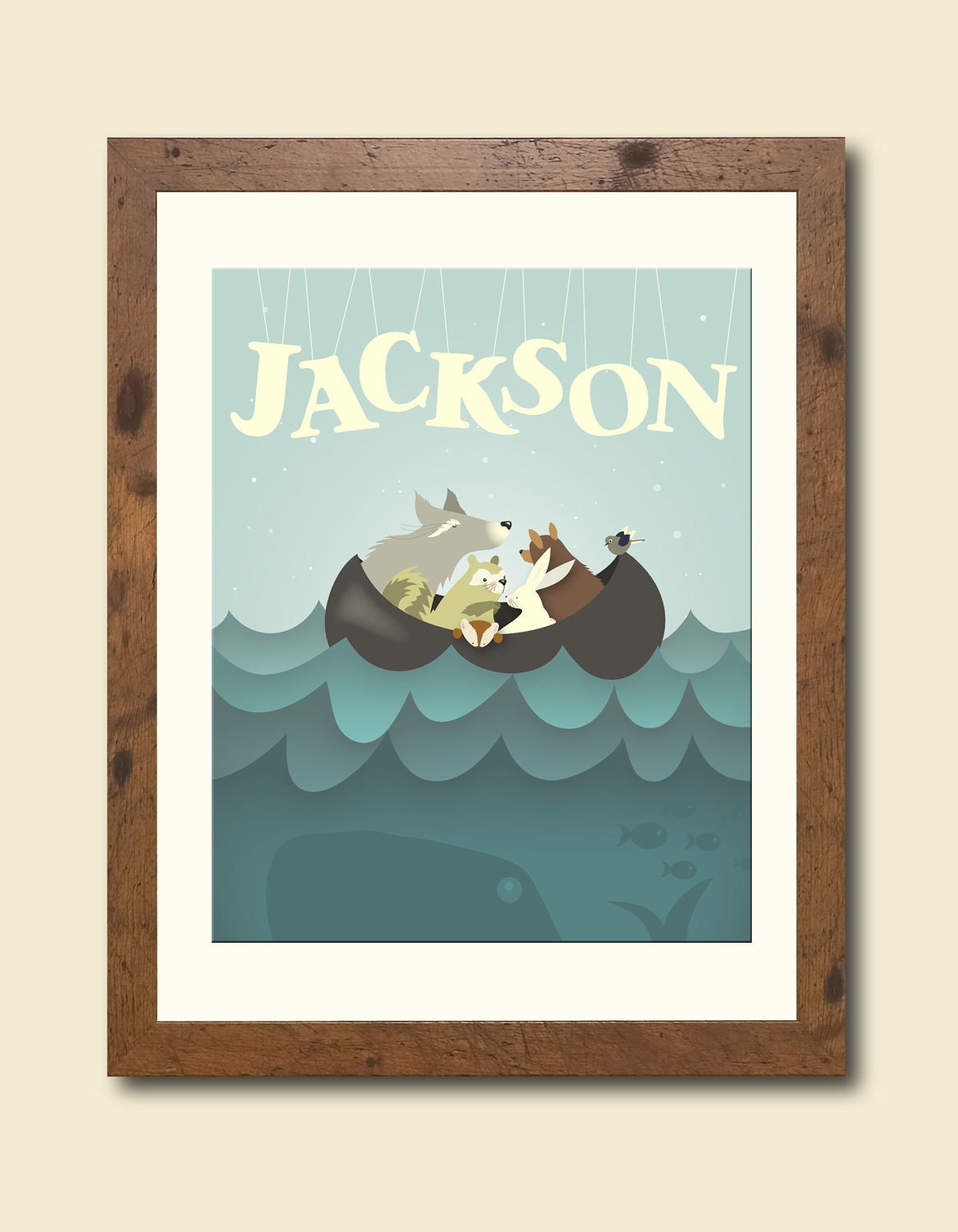 8 X 10 Personalized children's art featuring a group of woodland creatures at sea