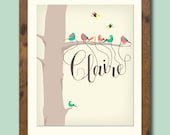 8 X 10 Personalized children's / nursery art print featuring your childs name dangling from the beaks of tiny birds