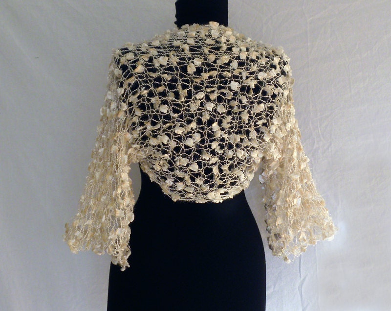 Bridal Accessories Knitted ecru  Wedding Bolero,Silky Ribbon Feathered