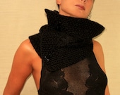 Black Magic / Knit Cable Cowl Scarf-Chunky Neck Warmer-Unisex Black Scarf - Neck Wrap-Neck Scarf /  Leather-Wool-Buttons-Snaps