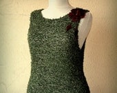 Beauty of Green / Hand Knit Forest Green Sleeveless Top ( XS-S-M) / Cotton Crew Neck Tunic / Leather Flower