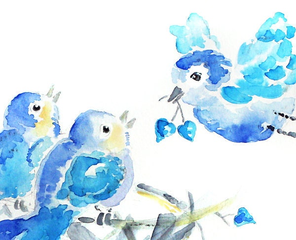 gift for new mom, blue nursery art, bird watercolor, twin nursery art, nursery wall art -  Twice the Love, Sweet Puffs, 8x10 print