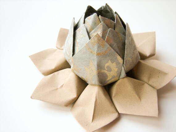 Origami Lotus Flower Decoration or Favor // made from grey metallic filligree paper with natural tan leaves