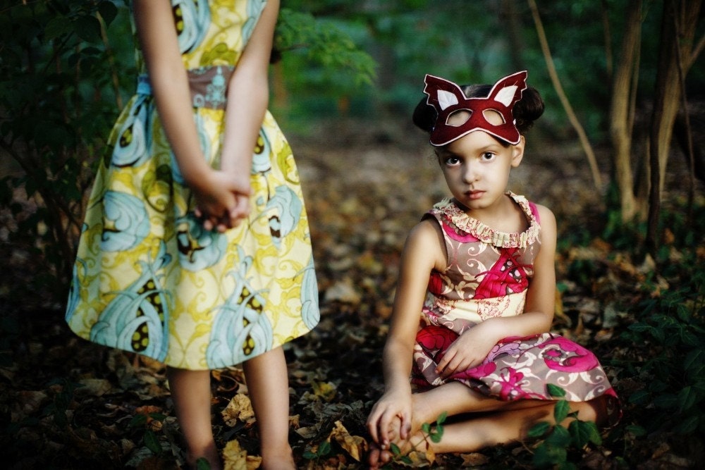 Enchanted Forest Dress-  Girls Vintage party Dress - Chartreuse or Rasberry Colorway