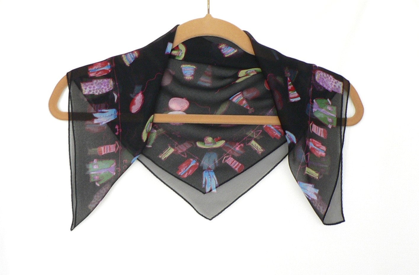 Vintage Black Silk Chiffon Scarf Decorated with Party Hats and Balloons