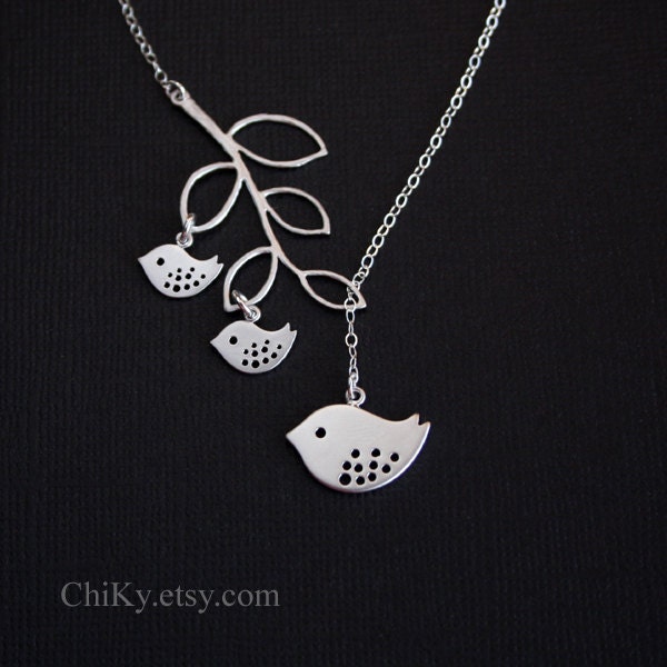 Family bird necklace, bird and branch necklace, lariat style - family necklace, STERLING SILVER, mama and baby birds