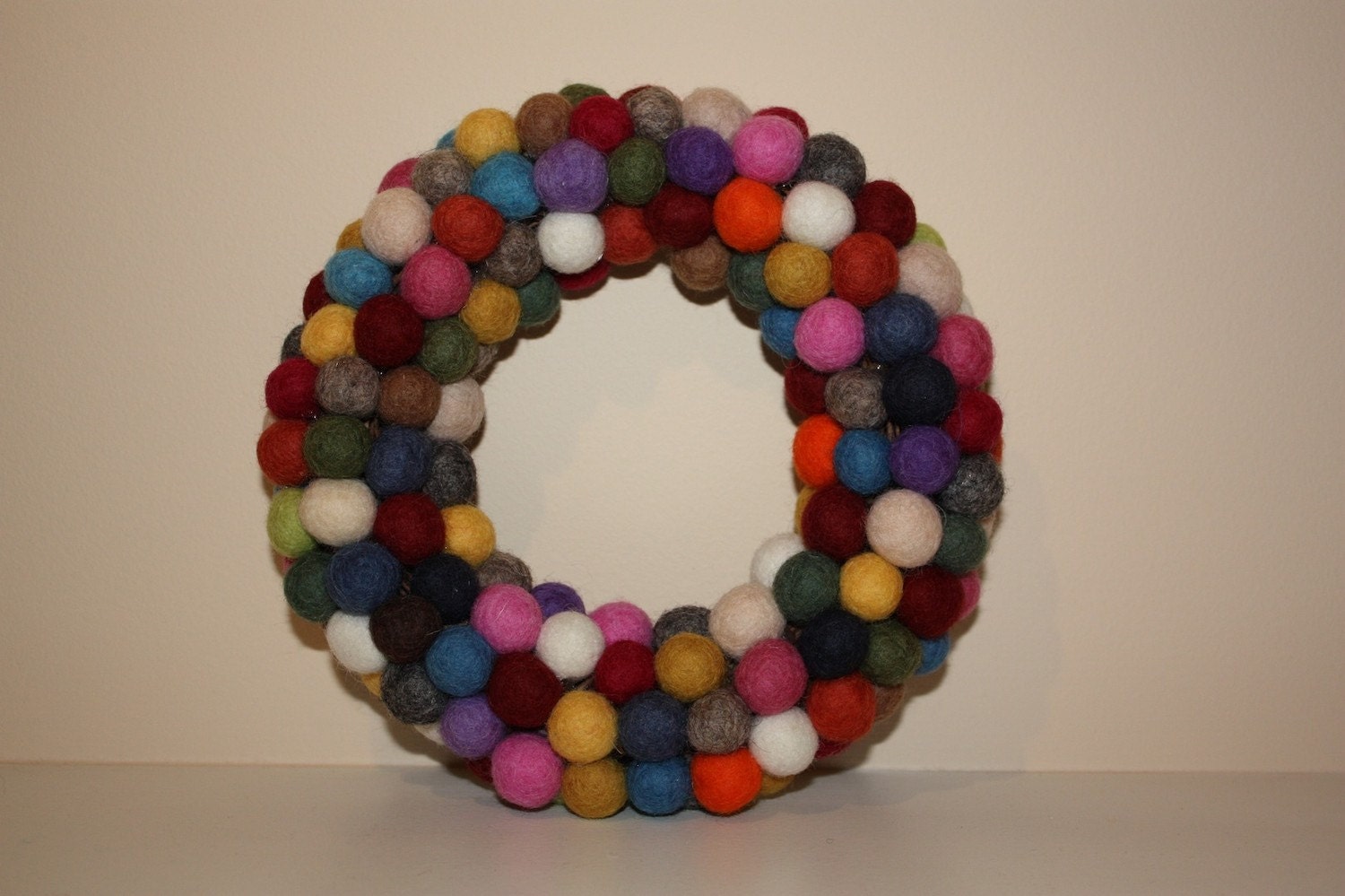 Felt balls wreath small size table top candle holder natural wool home decor