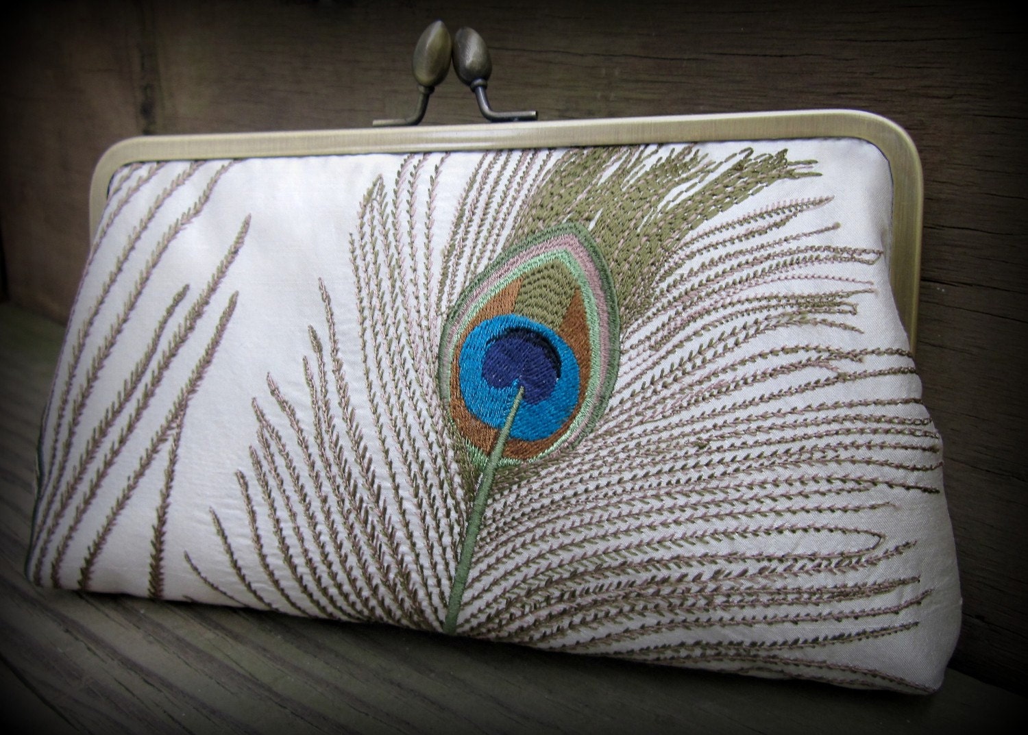 Embroidered Peacock Clutch- (IVORY Wedding Clutch)   Formal Clutch