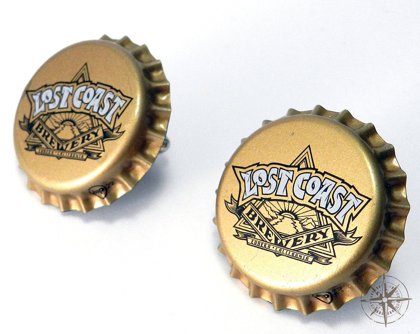 Upcycled Beer Bottlecap Cufflinks Recycled Gold and White Lost Coast Brewing Cuff Links handmade by Compass Rose Design