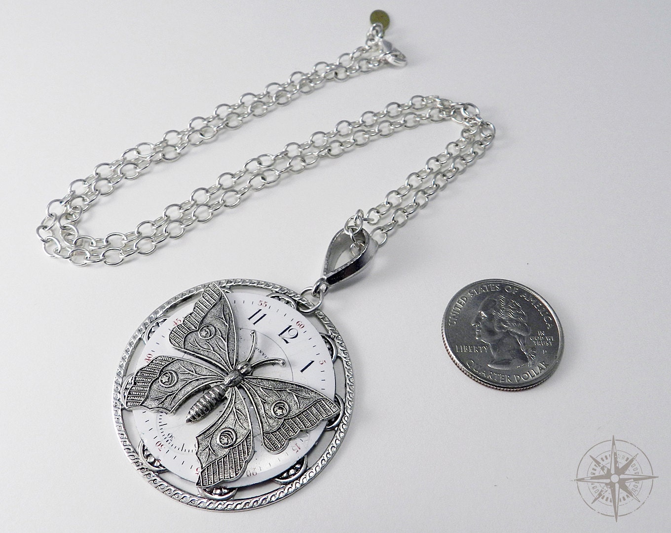 Steampunk Jewelry Silver Time Flies Antique Pocket Watch Face Pendant with Silver Victorian Butterfly