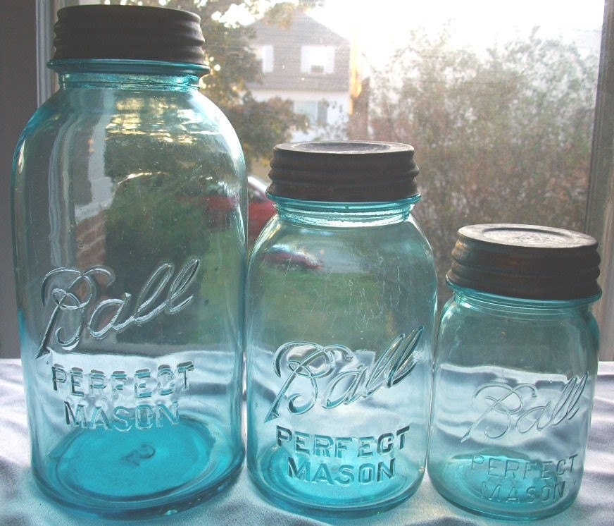 3 Vintage Blue Ball Mason Graduated Fruit Jars  Great for Centerpieces and Lanterns
