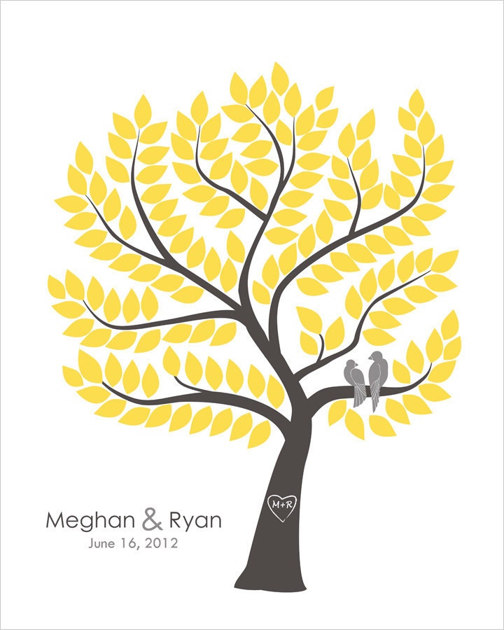 Wedding guestbook tree, personalized wedding guest book alternative, grey and yellow or custom colors, size 16x20 for 150 guests