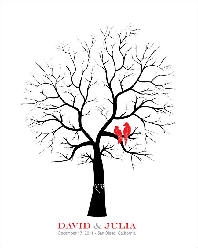 Wedding Guest Book Alternative Tree with Love Birds, Wedding Fingerprint Signature Tree, Personalized in red black, guestbook tree,16x20