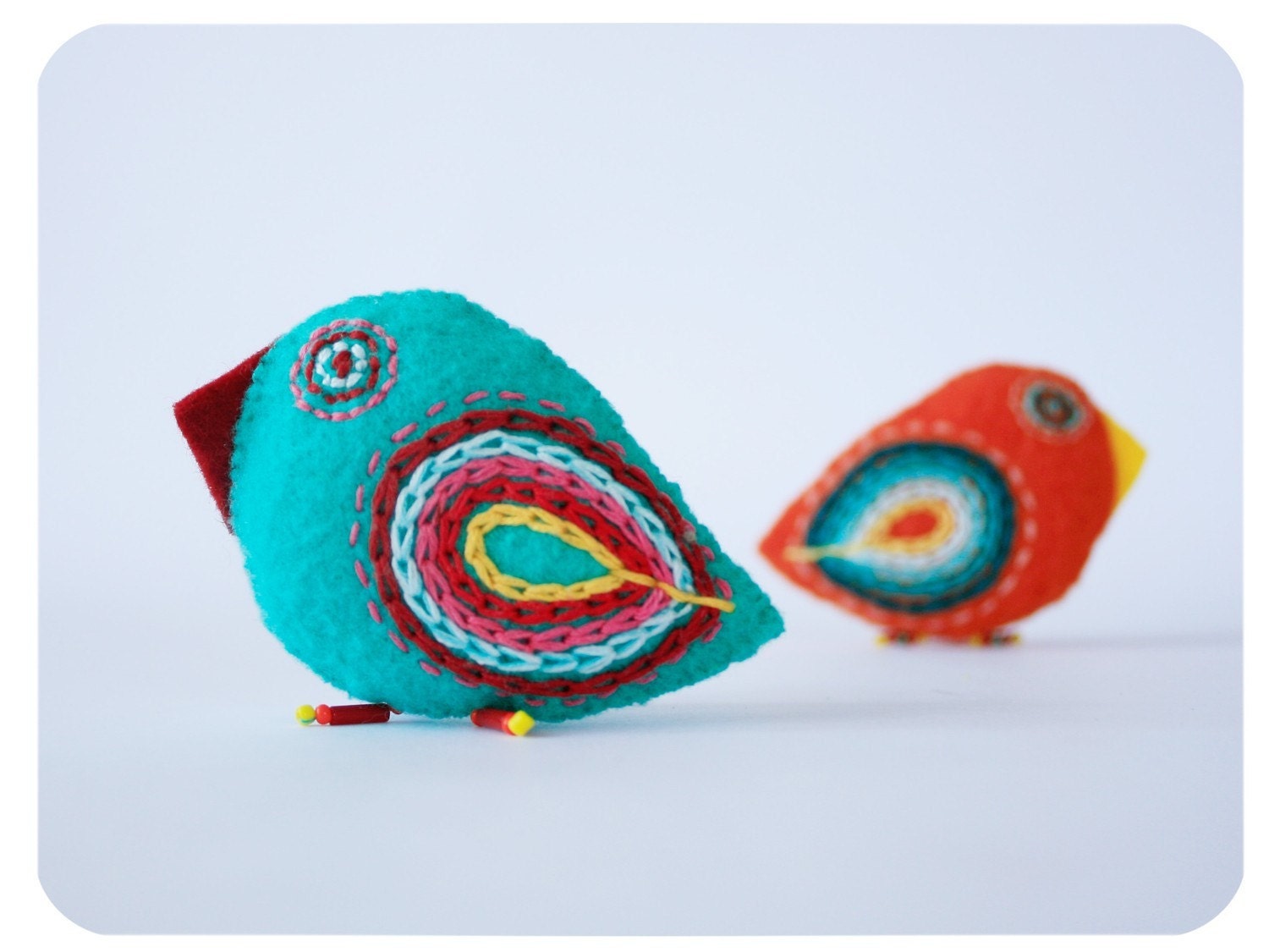 bright bird pins - felt brooches - embroidered bird