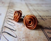 Stud Post Earrings. Nickel Free. Amber, Copper, Rust. Wire Wrapped. Quantum Rosette. Inspired by Physics, Science. Wire Rose.