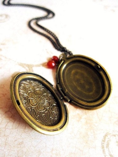 Brass Locket- Poppy Flower with Red Carnelian Necklace