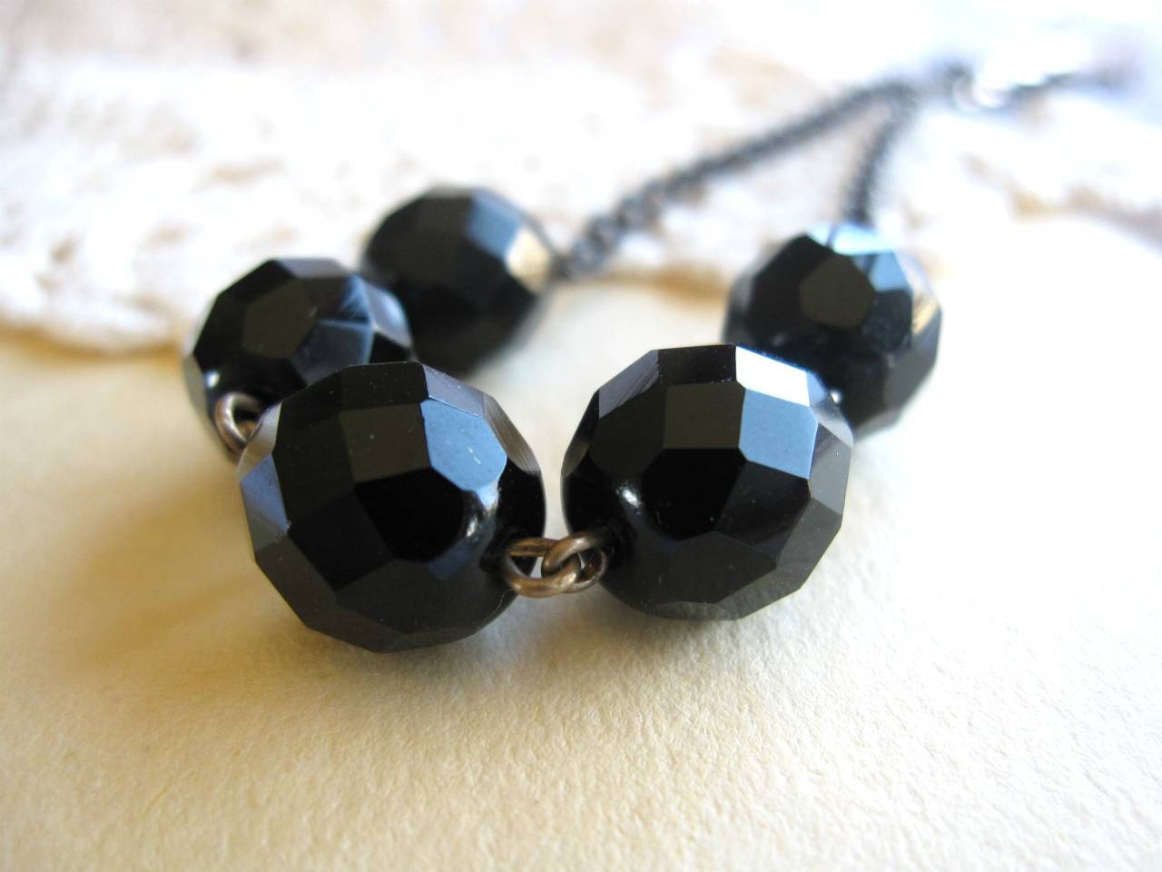 Faceted Jet Black Beaded Necklace on Vintage Inspired Brass