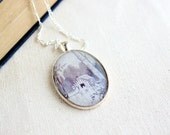 Log cabin, cottage scene necklace.  Silver pendant with chain.  Gift for camper, country girl, nature lover