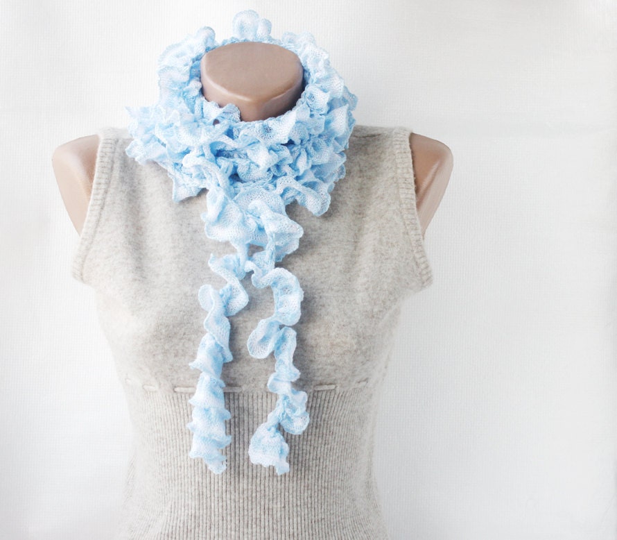 Crochet ruffled scarf -  long  soft frilly light  sky blue white spring fashion spring accessories - violasboutique