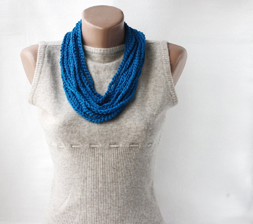 Summer Scarf Skinny Nautical Crochet loop necklace cobalt blue navy ultramarine ocean spring summer fashion vegan