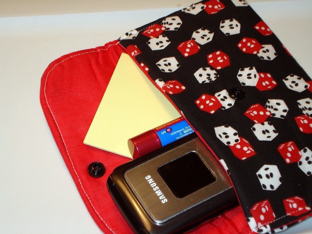 Red and White Dice on Black Fold over Wallet / Eyeglass Case / Gadget Bag
