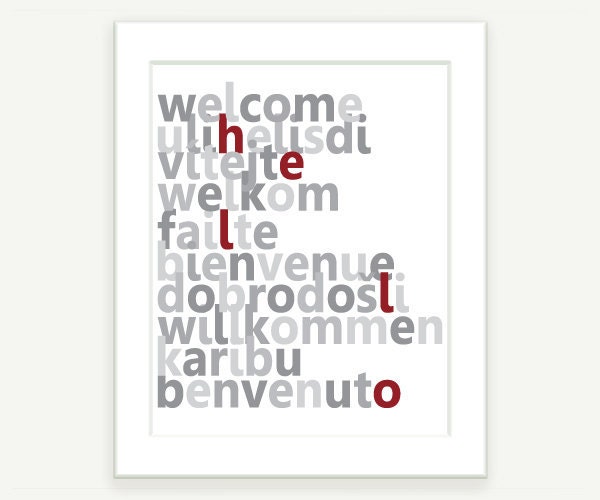 Typography Art: Welcome in 10 languages - Gray and Red - 8x10 Modern Art for your Office or Home - colorbee