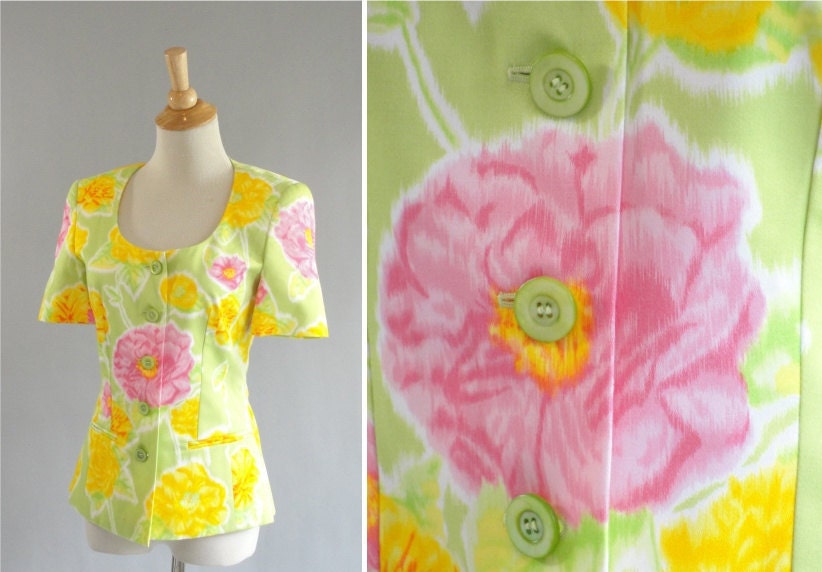 Vintage Escada Blazer with Floral Print Spring Blazer Easter Pink Yellow Green Themed Print Separate