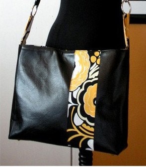 READY TO SHIP Alexander Henry Retro Funky Flowers Fabric Black Leather Tote Diaper Bag Laptop Messenger Shopper