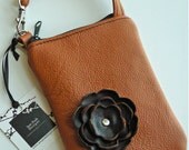 Spice Orange Rust Leather Cell Phone Iphone Ipod Droid Gadget Camera Case Zipper Pouch with Brown Poppy Flower