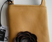 Honey Dijon Yellow Gold Leather with Mahogany Brown Poppy Flower Cell Phone Ipod Iphone Droid Gadget Case Zipper Pouch