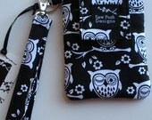 Owls Black White Fabric Iphone Blackberry Droid Cell Phone Case Sleeve Padded Wristlet Key Fob Case Front Pocket Washable
