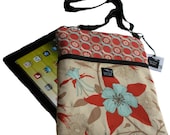 Red Cream Beige Aqua Flowers Dewberry Fabric iPad Kindle Nook Color E Reader Passport Travel Messenger Bag Sling Washable
