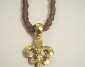 Amethyst and Gold Hammered Fleur de Lis Necklace
