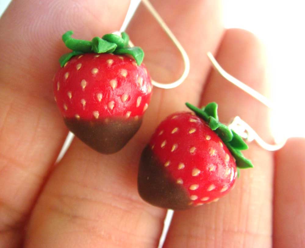 Strawberry Earrings - Miniature Food - Chocolate Dipped