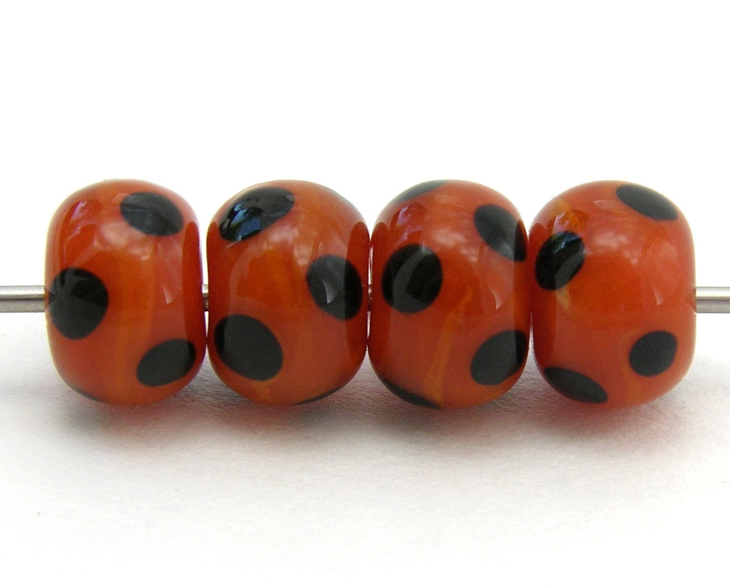 Dark Orange and Black Dots Lampwork Spacer Beads (4) - crazyladyglass