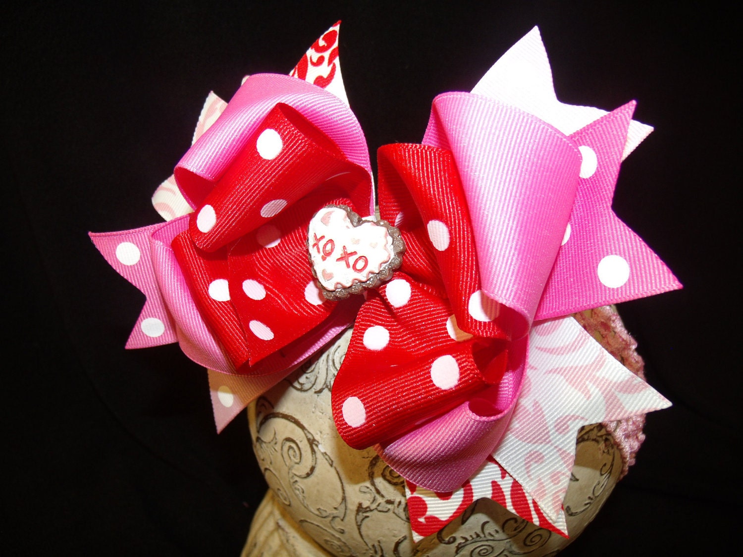 Valentine Hairbow..Triple Layered Spikey Layered Boutique Bow and Headband..Great for Newborn Toddler big Girl